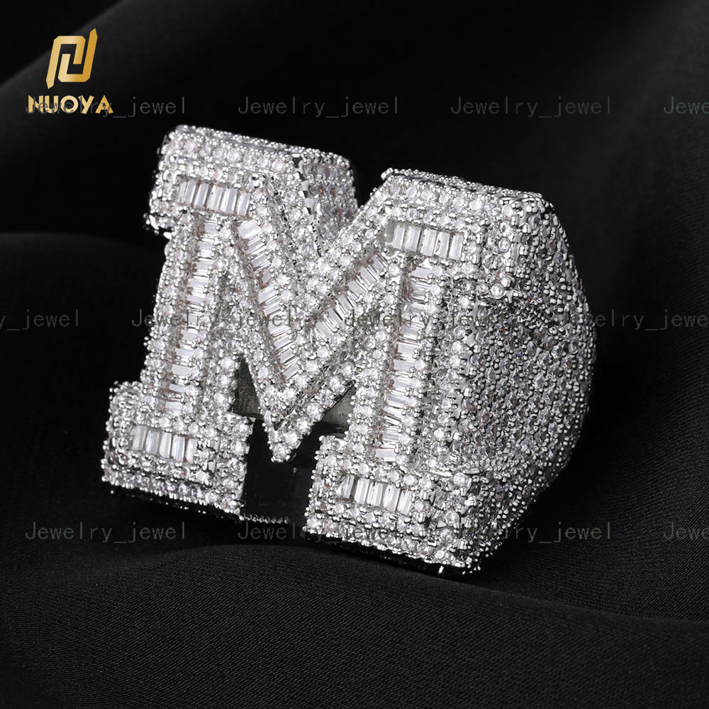 NUOYA Custom Shiny Diamond Jewelry Initial Letter Micro Pave Baguette Moissanite VVS White Gold Plated Iced Out 26 Letters Hip Hop Ring