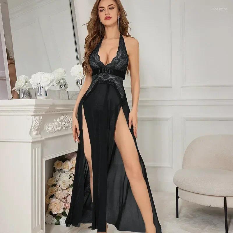 Women's Sleepwear Sexy Lingerie Lace Mesh Slit Night Dress Backless Strap Long Skirt Nightwear Sleeping Womens Nightgown