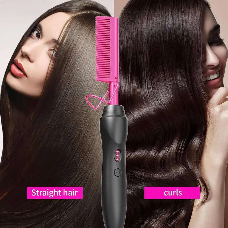 Leeons Black Comb Hair Straightener Flat Iron Electric Heating Comb Wet And Dry Hair Curler Straight Styler Curling Iron 240507