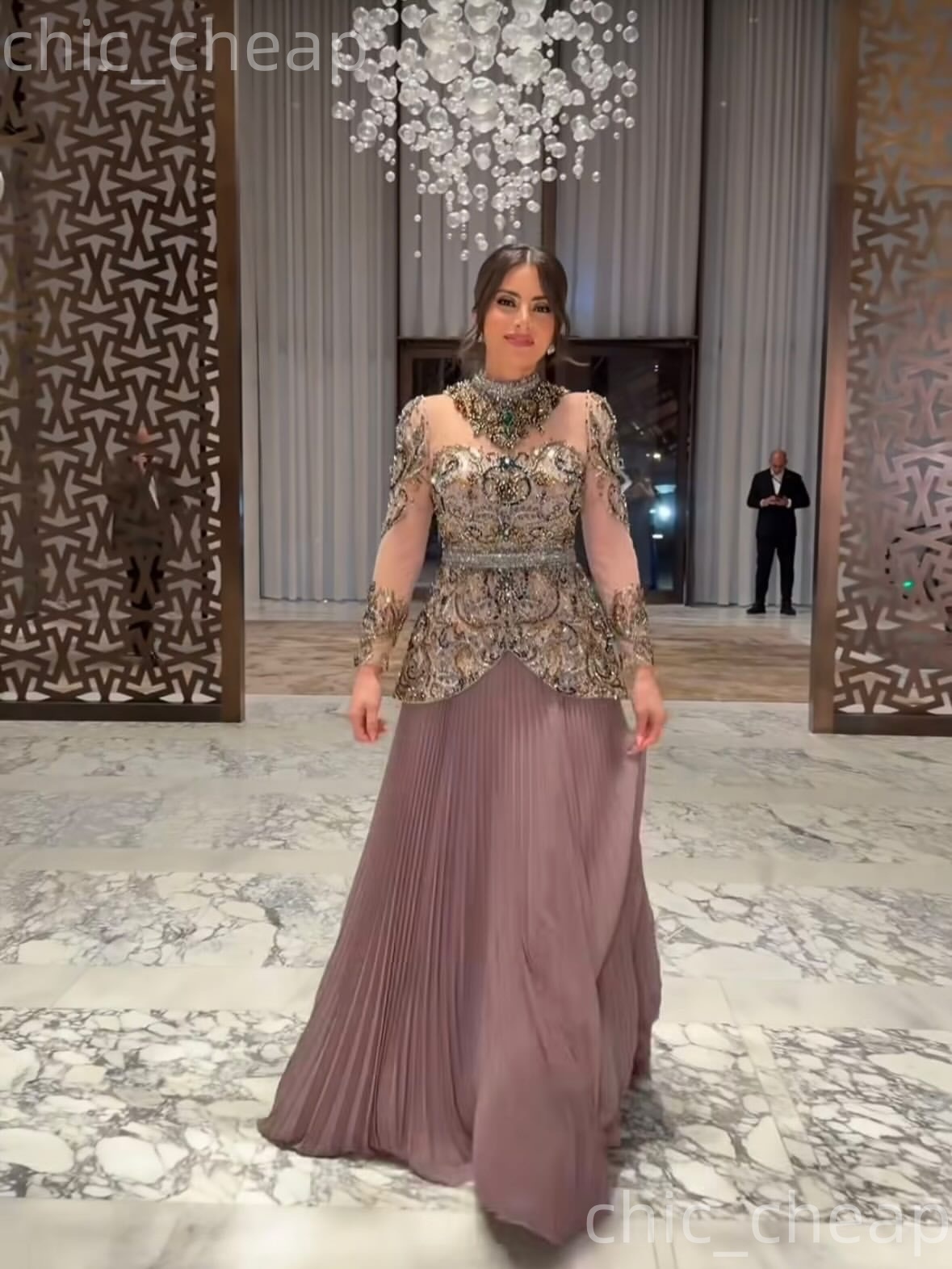 Aso Ebi A-line Brown Prom Dresses 2026 Crystals Beaded Chiffon Sheer Neck Evening Formal Party Second Birthday Engagement Gowns Dress For Special Occa