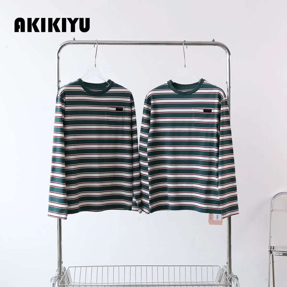 Unisex Round-Neck Striped Long-Sleeved T-Shirt For Summer Loose Mid-Length Couple Sun Protection Bottoming Top AKIKIYU