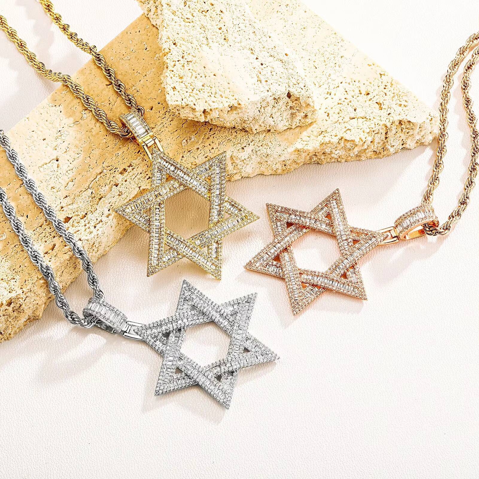2026Luxury Exquisite Inlaid Baguette MoissaniteVVS Star of David Pendant Necklaces Jewelry Fashion Men Women Trend Rock Party Gifts Jewels