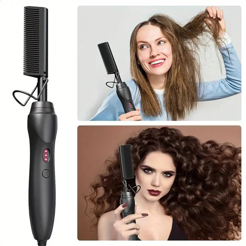 Leeons Black Comb Hair Straightener Flat Iron Electric Heating Comb Wet And Dry Hair Curler Straight Styler Curling Iron 240507