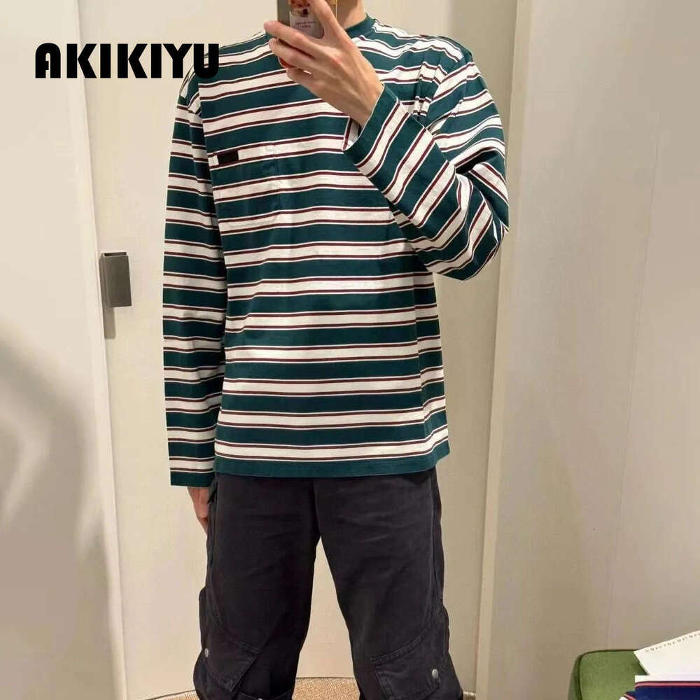 Unisex Round-Neck Striped Long-Sleeved T-Shirt For Summer Loose Mid-Length Couple Sun Protection Bottoming Top AKIKIYU