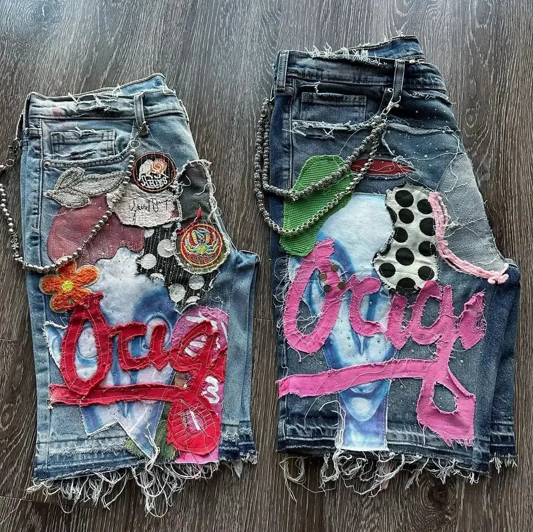Hip Hop Gothic Patchwork Y2K Denim Shorts Mens Womens Harajuku Baggy Sweatpants High Waist Casual Gym Shorts Streetwear 260206