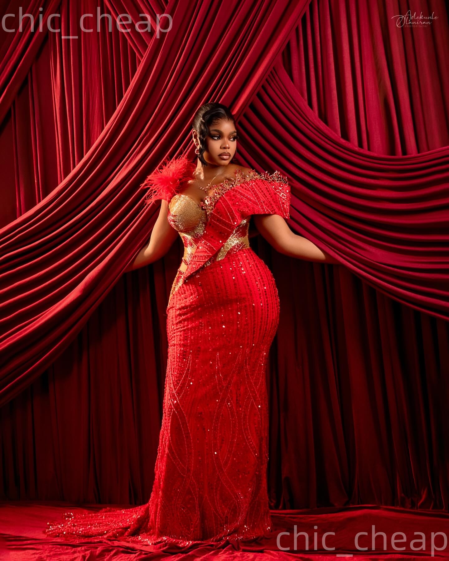 Aso Ebi Red Mermaid Prom Dresses 2026 Crystals Beaded Feather Sequined Sparkly Evening Formal Party Second Birthday Engagement Gowns Dress For Special