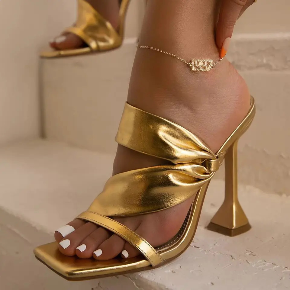 Gold Black Women Wine Glass Heel Fashion Slippers Sandals Rome Square Toe Pleated Wide Bar High Heels Large Size Shoes Woman 260124