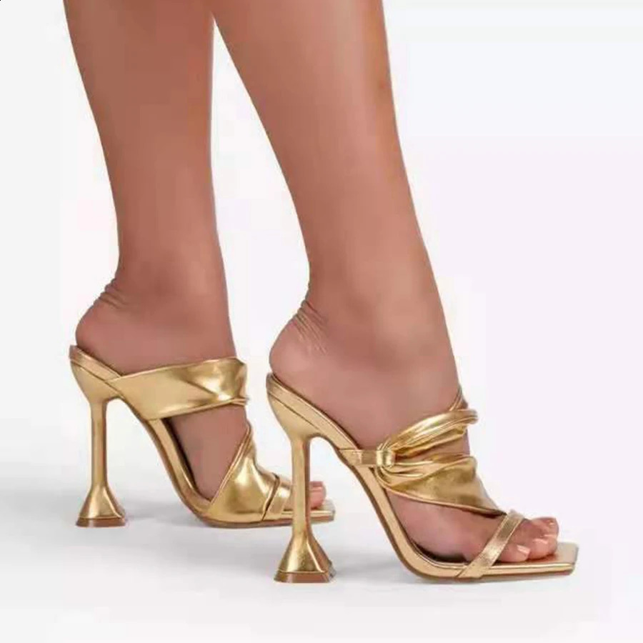 Gold Black Women Wine Glass Heel Fashion Slippers Sandals Rome Square Toe Pleated Wide Bar High Heels Large Size Shoes Woman 260124