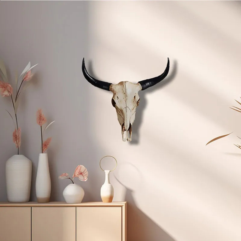 Vintage Resin Statue Cow Horn Skull Art Crafts Ornament Hang to Wall Bull Animal Head Sculpture Hanging Home Office Decor 260122 - view 3