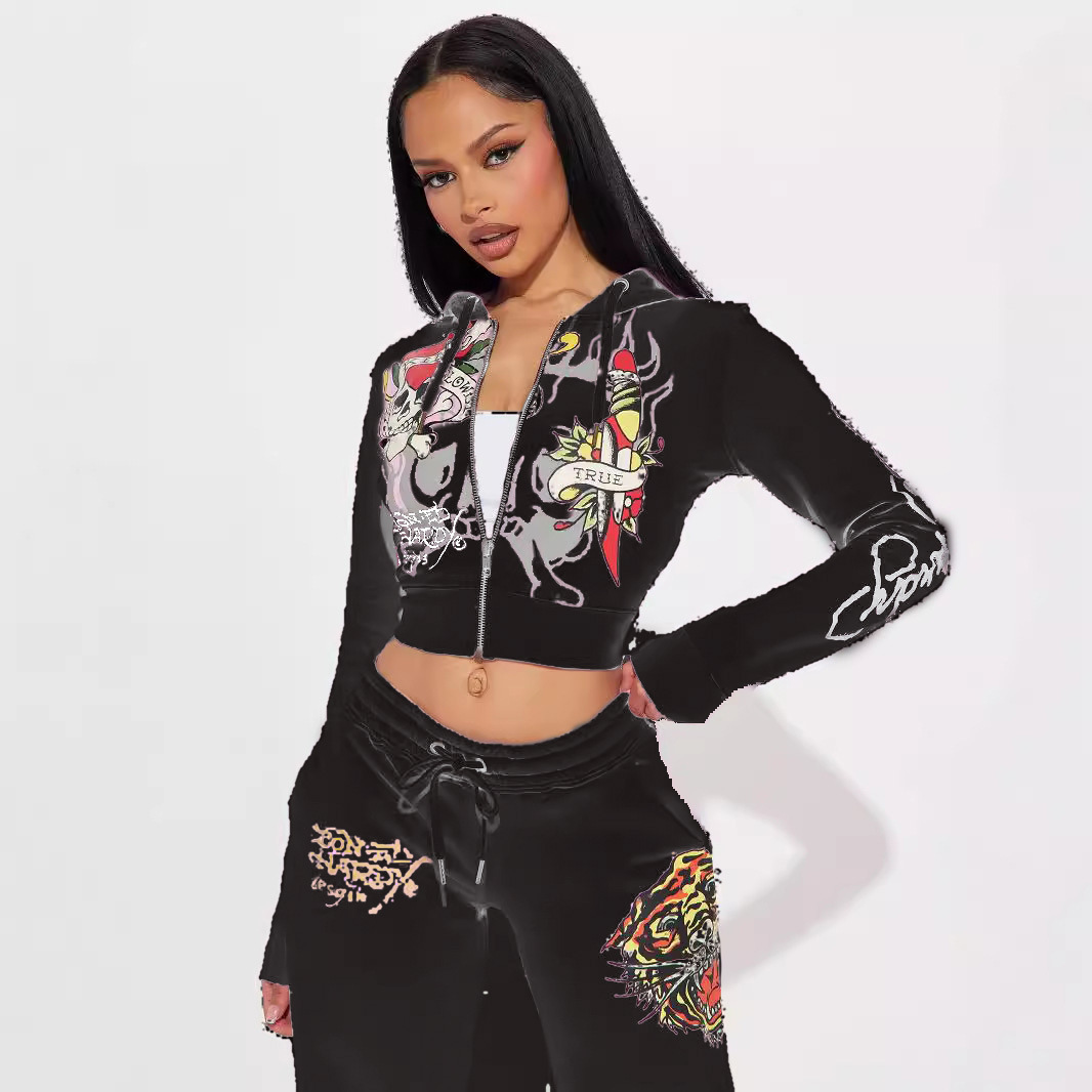 2026 Women's Tracksuit Trendy Street Skull Love Print Basic Zipper Short Cardigan High Waist Straight Trousers Two-piece Set For Women