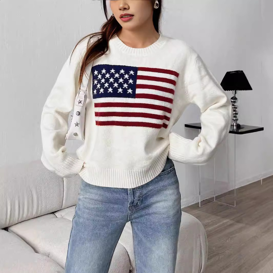 Winter Knitted Womens Sweater Slim Fit US Flag Letter Sweater Warm Street Personalized Casual Y2k Harajuku Pullover 240604