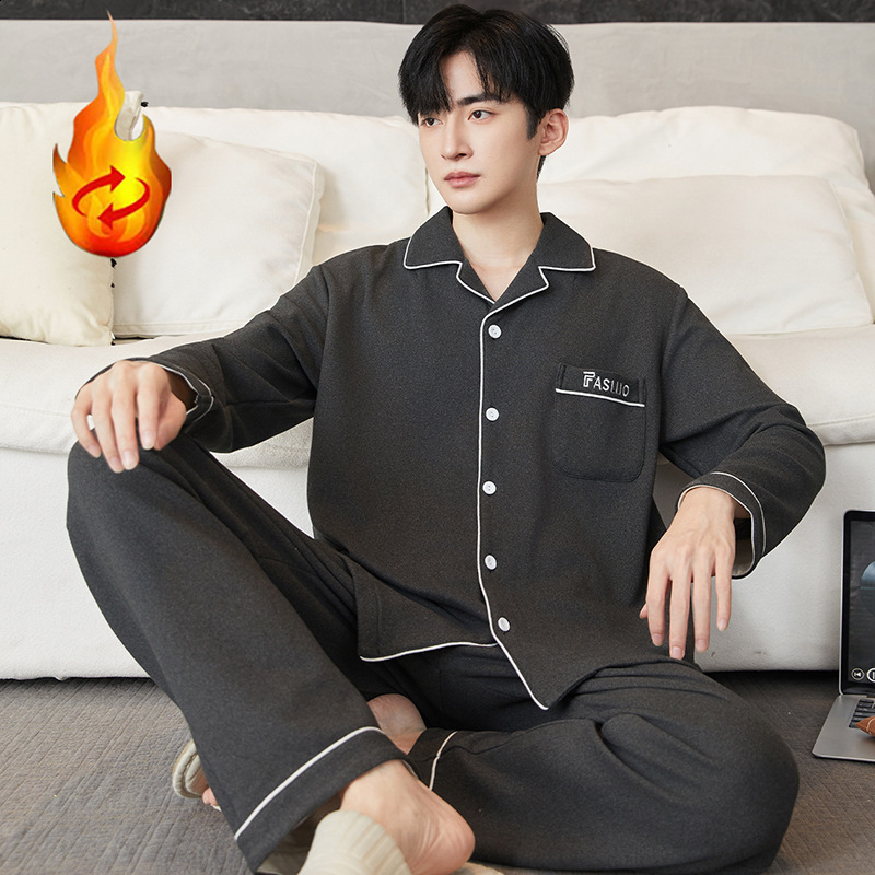 Mens long-sleeved pajamas winter cartoon large size casual warm turn-down collar cardigan thermal home wear can be worn outside set 250103