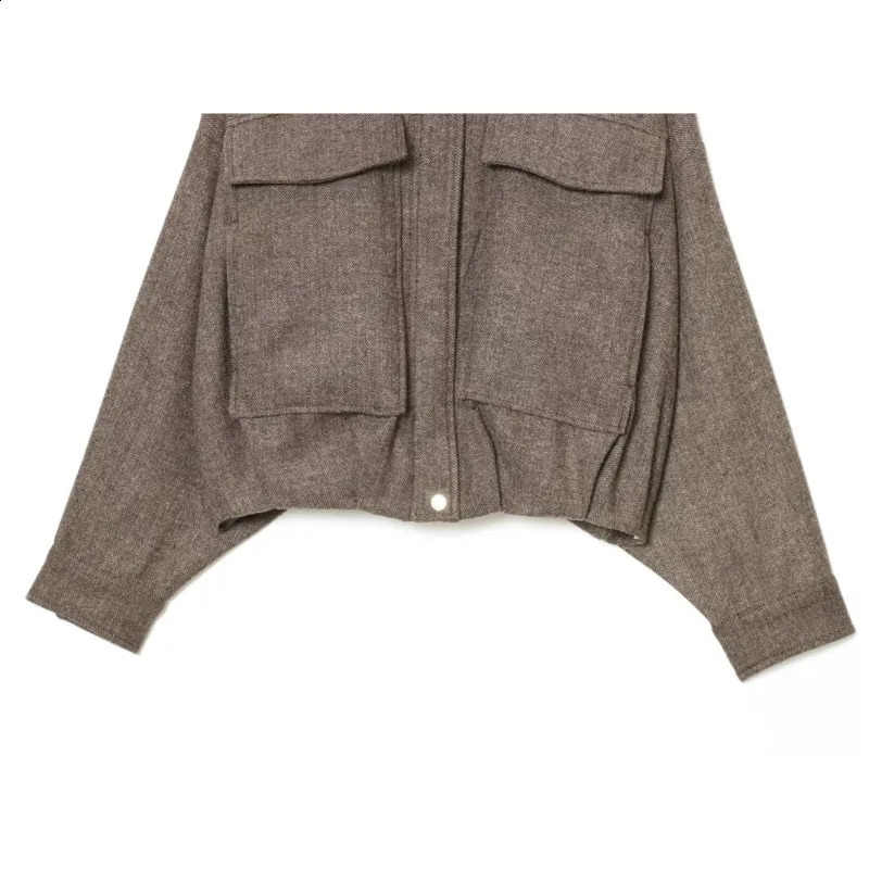 HipSeam Women Herringbone Balloon Jakcet Autumn Simple High Neck Zipper Pocket Pleated Hem Lady Coats Chic Female Tops 260126