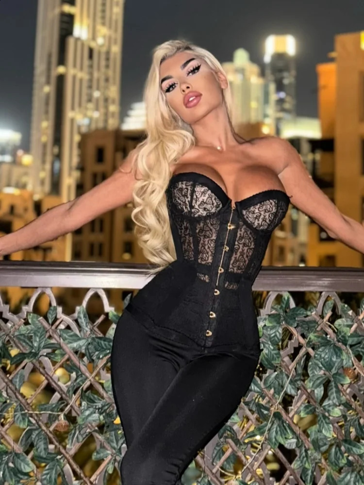Black Lace See Through Corset Vest Women Fashion Hollow Out Strapless Chic Party Top 2026 Lady High Street Backless Waistcoat260129