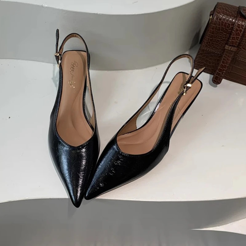 SUOJIALUN Summer Women Sandal Fashion Pointed Toe Shallow Slip On Ladies Elegant Slingback Shoes Thin Med Heel Dress Mules 260306