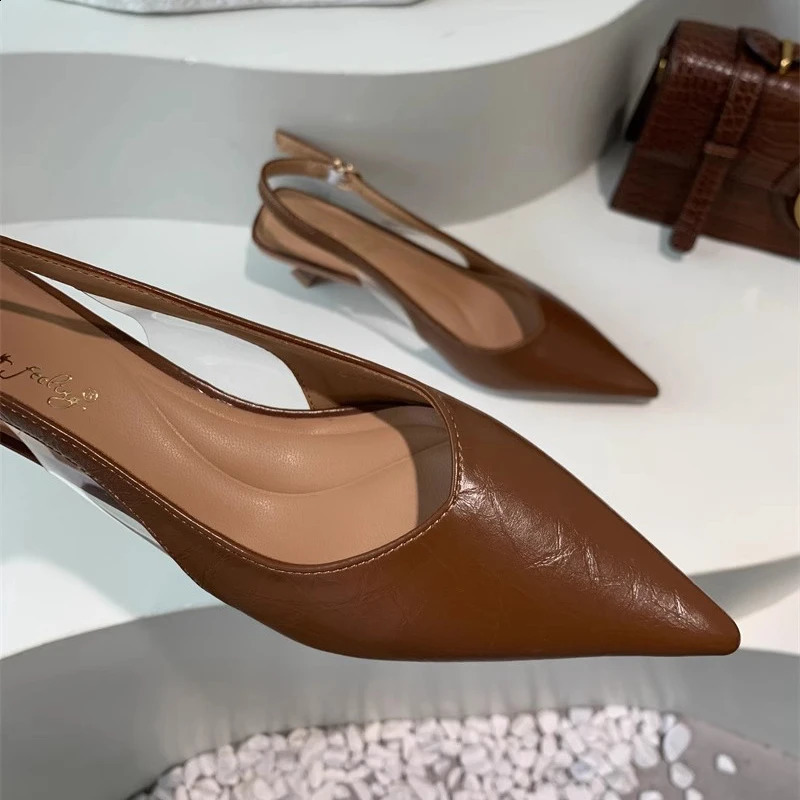 SUOJIALUN Summer Women Sandal Fashion Pointed Toe Shallow Slip On Ladies Elegant Slingback Shoes Thin Med Heel Dress Mules 260306