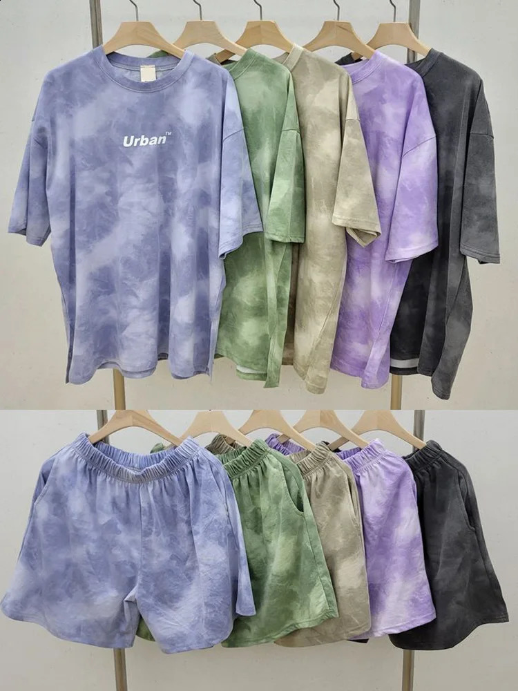 Women T-Shirt Shorts Suit Set Casual Tie Dye Loose tshirt and wide leg middle shorts with pockets female Soft Summer Shorts Sets 260209