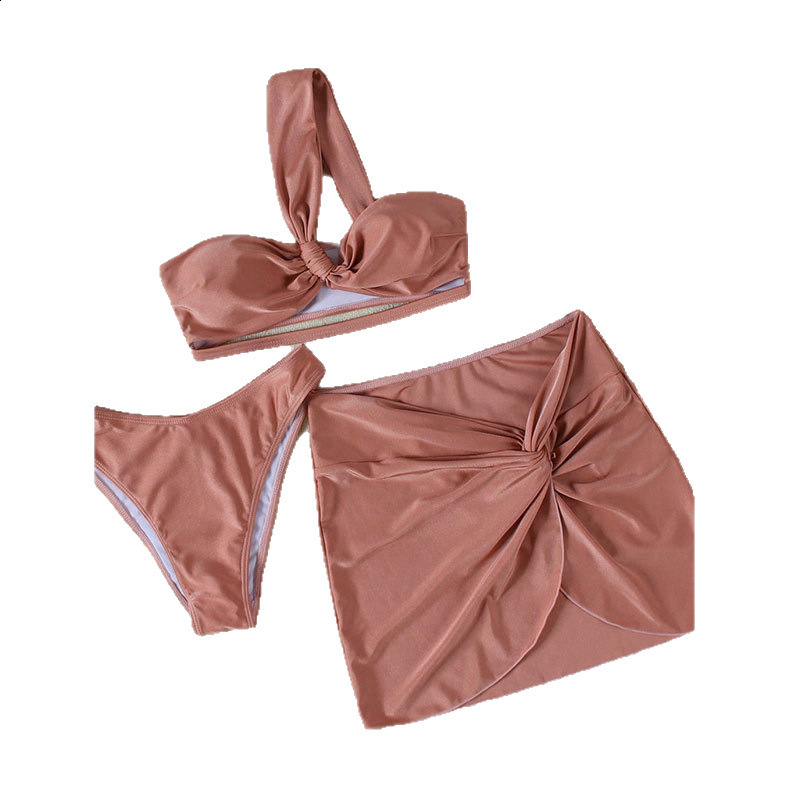 Sexy Womens 3 Piece Swimsuit Solid Color Back Bandage Bikini Set Female Bathing Suit with Twisted Cover UP Skirt Swimwear 250107