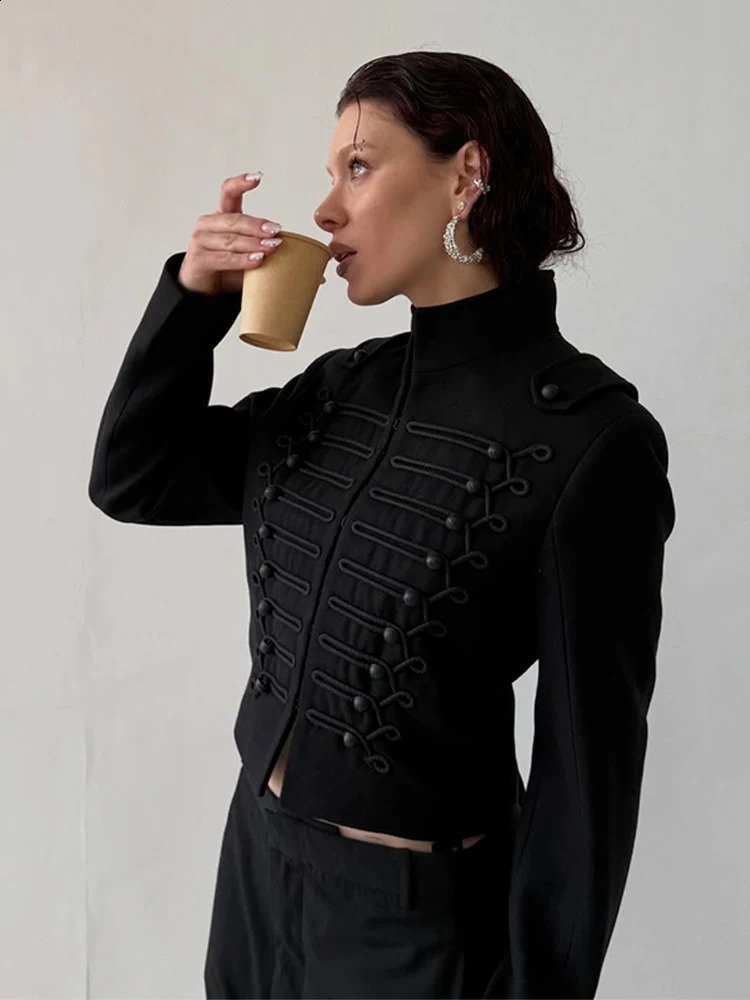 Womens Napoleon Style Black Cropped Jacket Coat Long Sleeve Tops Braided Button Trim Vintage Slim Fit Fashion Lady Outerwear 260122