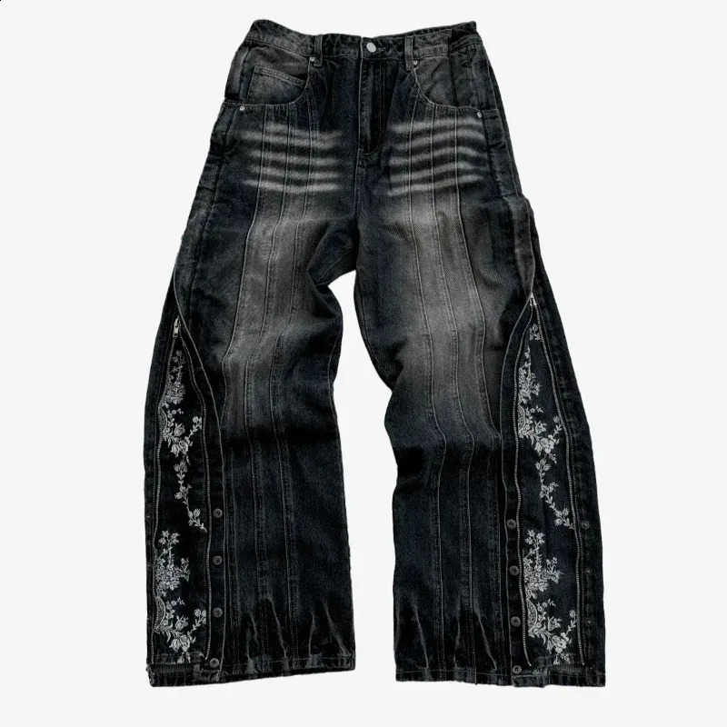 Mens Jeans Harajuku Y2K Streetwear Floral Side Embroidery Zip Denim Pants Retro Washed Heavy Splicing Baggy Wide Leg Gothic 260227CJ - view 6