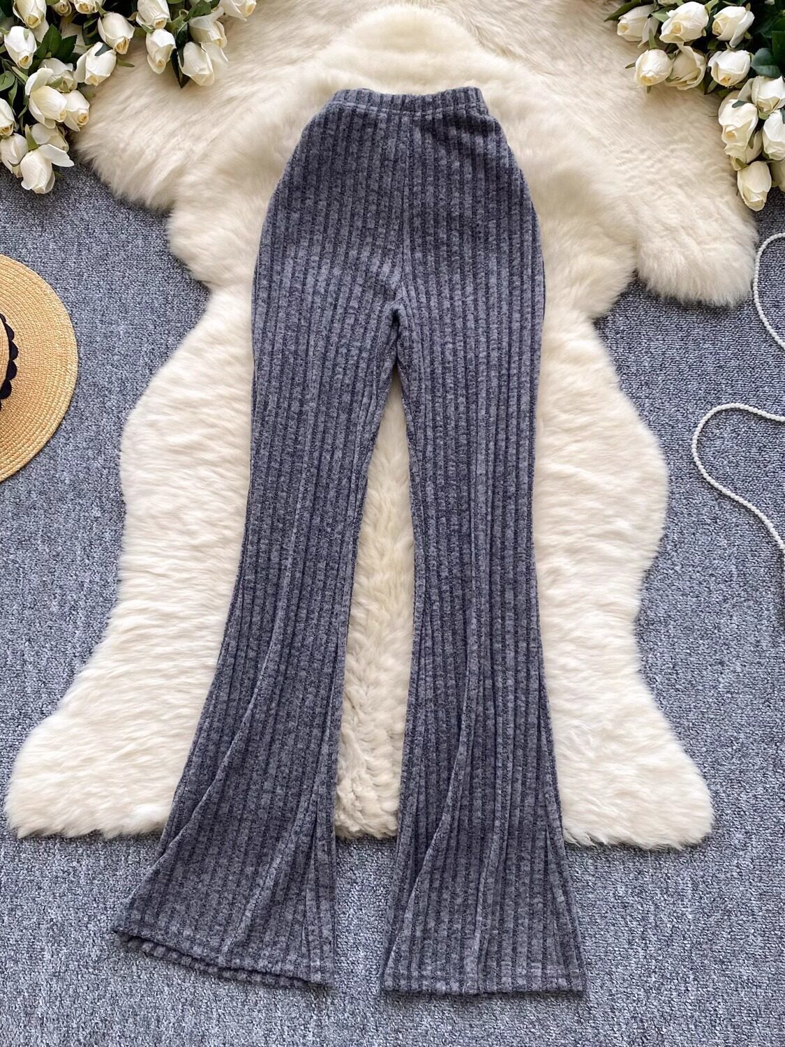 European and American hot girl style high-waisted slimming and height-enhancing wide-leg solid color temperament knitted long pants for winter 260209