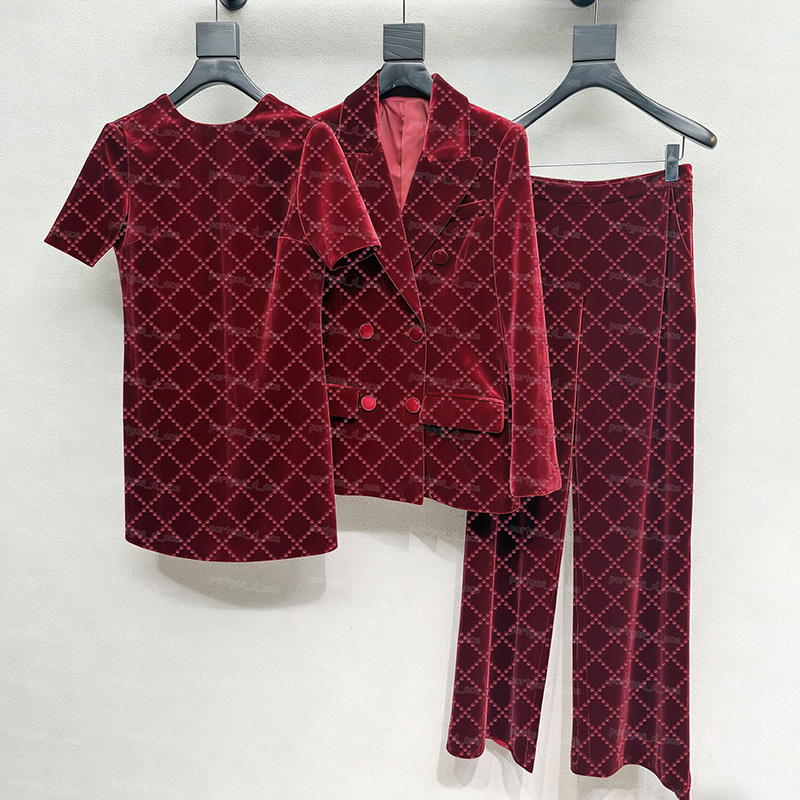 Luxury Glitter Velour V Back Dress For Women Designer Long Sleeve Red Blazer OL Formal Suit Trousers