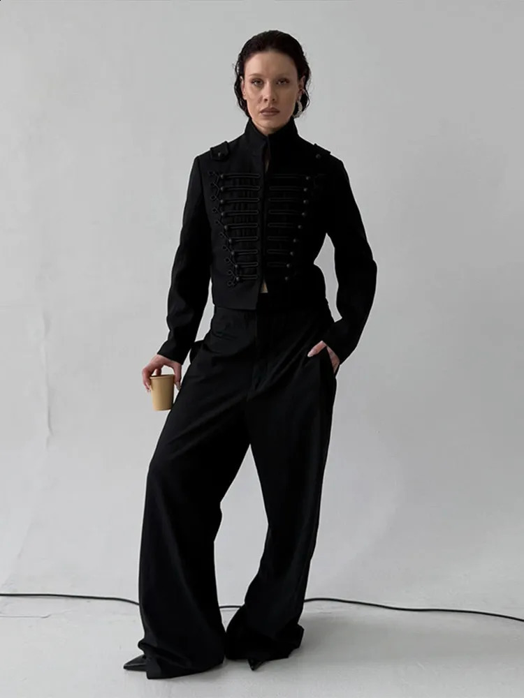 Womens Napoleon Style Black Cropped Jacket Coat Long Sleeve Tops Braided Button Trim Vintage Slim Fit Fashion Lady Outerwear 260122