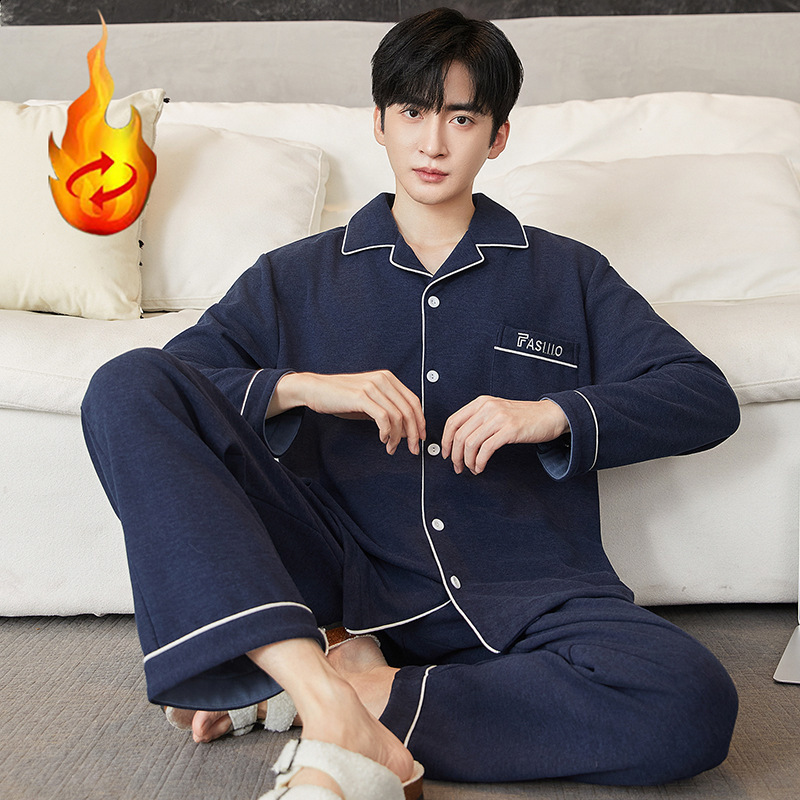 Mens long-sleeved pajamas winter cartoon large size casual warm turn-down collar cardigan thermal home wear can be worn outside set 250103