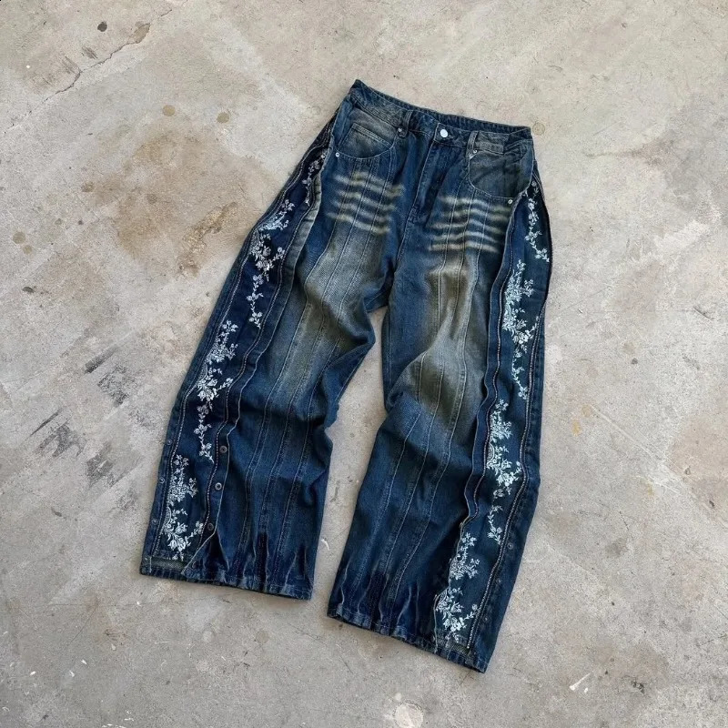 Mens Jeans Harajuku Y2K Streetwear Floral Side Embroidery Zip Denim Pants Retro Washed Heavy Splicing Baggy Wide Leg Gothic 260227CJ - view 3