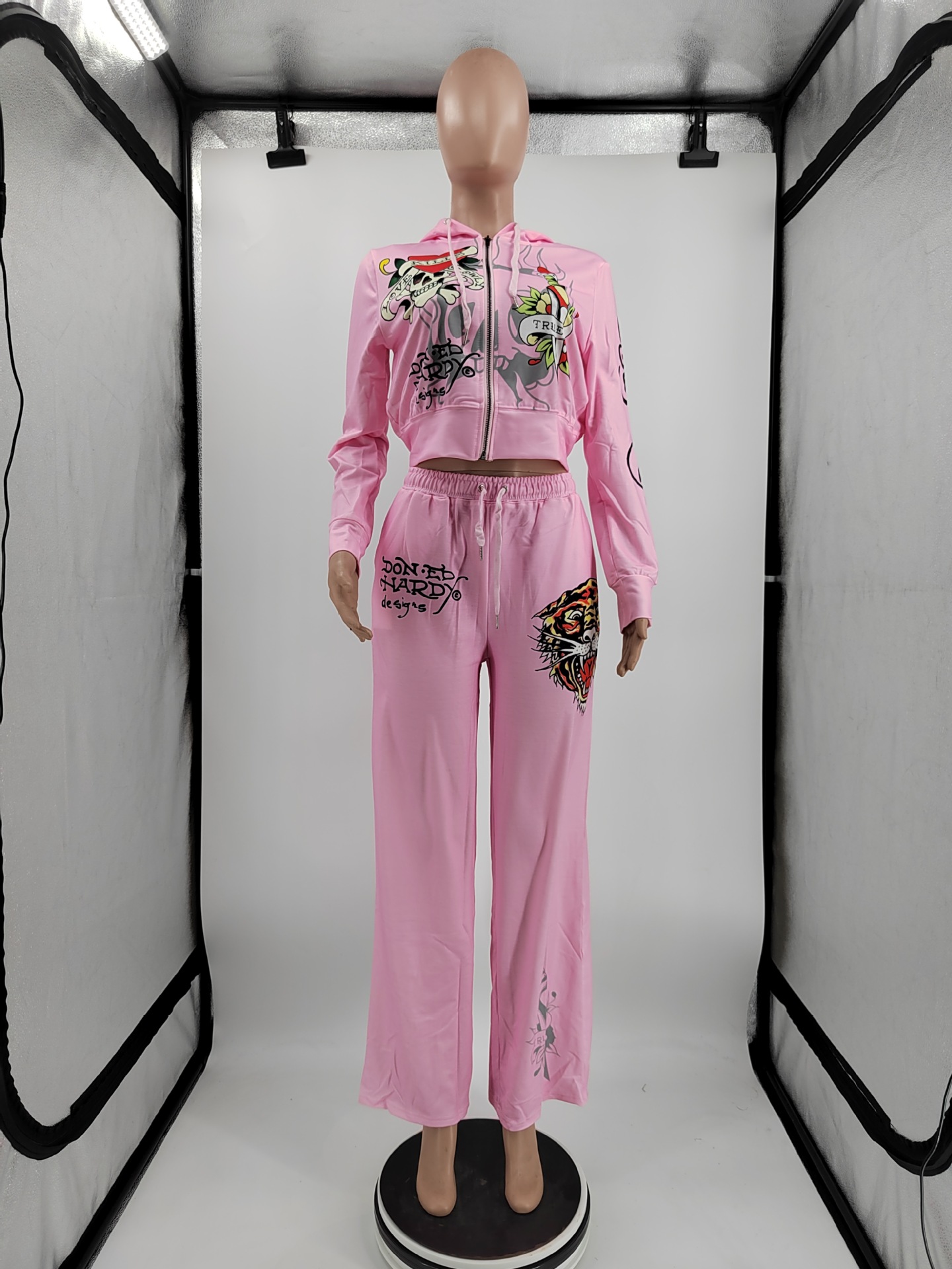 2026 Women's Tracksuit Trendy Street Skull Love Print Basic Zipper Short Cardigan High Waist Straight Trousers Two-piece Set For Women