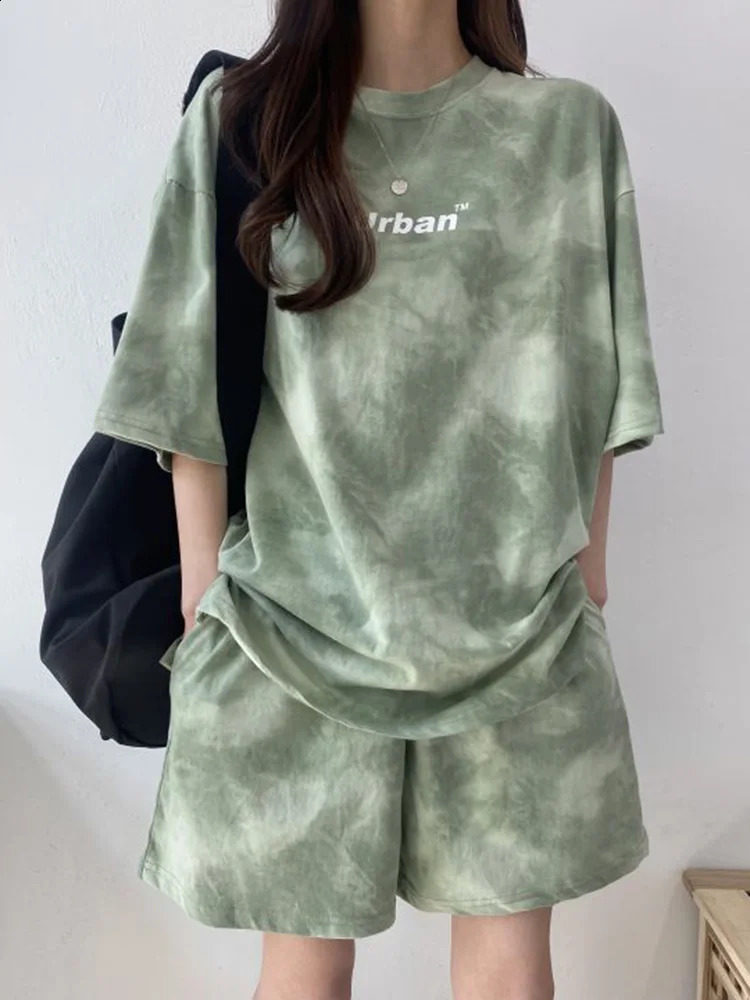 Women T-Shirt Shorts Suit Set Casual Tie Dye Loose tshirt and wide leg middle shorts with pockets female Soft Summer Shorts Sets 260209