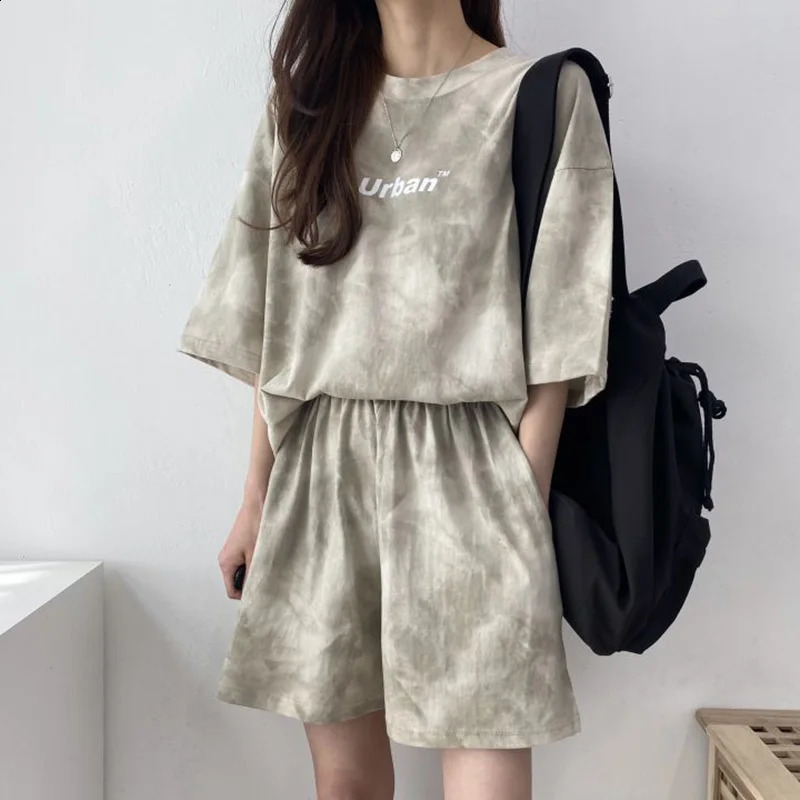 Women T-Shirt Shorts Suit Set Casual Tie Dye Loose tshirt and wide leg middle shorts with pockets female Soft Summer Shorts Sets 260209