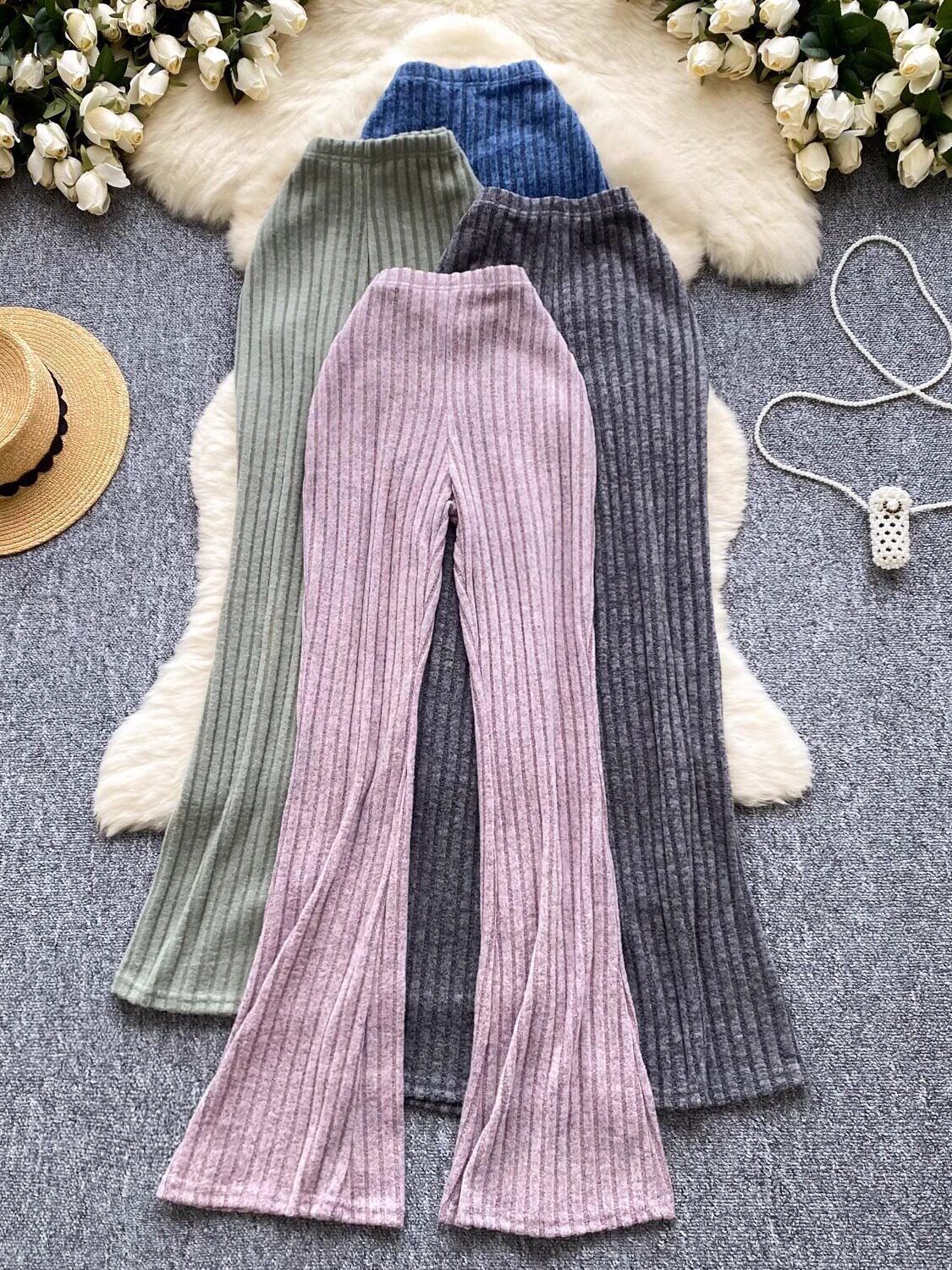 European and American hot girl style high-waisted slimming and height-enhancing wide-leg solid color temperament knitted long pants for winter 260209