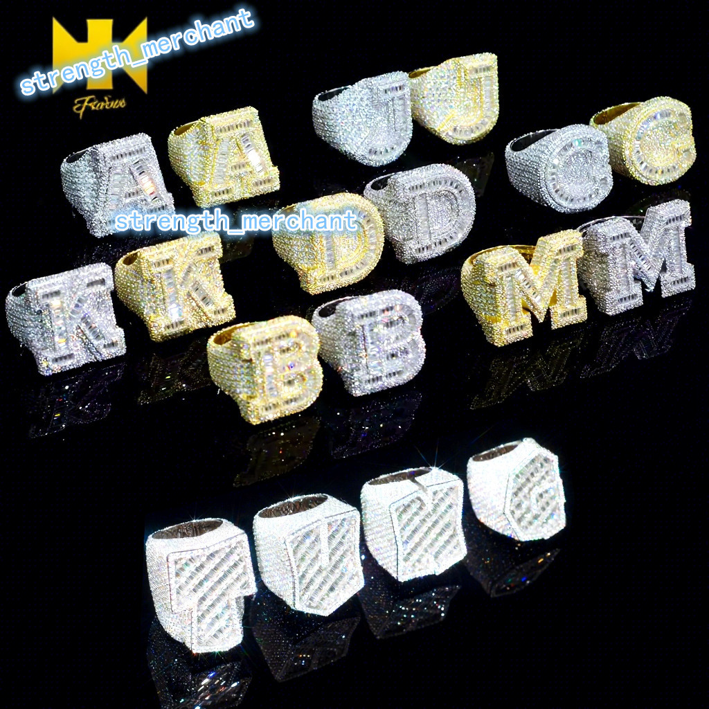 Custom Iced Out VVS Moissanite Baguette Diamond Hip Hop Ring Single Initial Letter 925 Silver for Men Jewelry