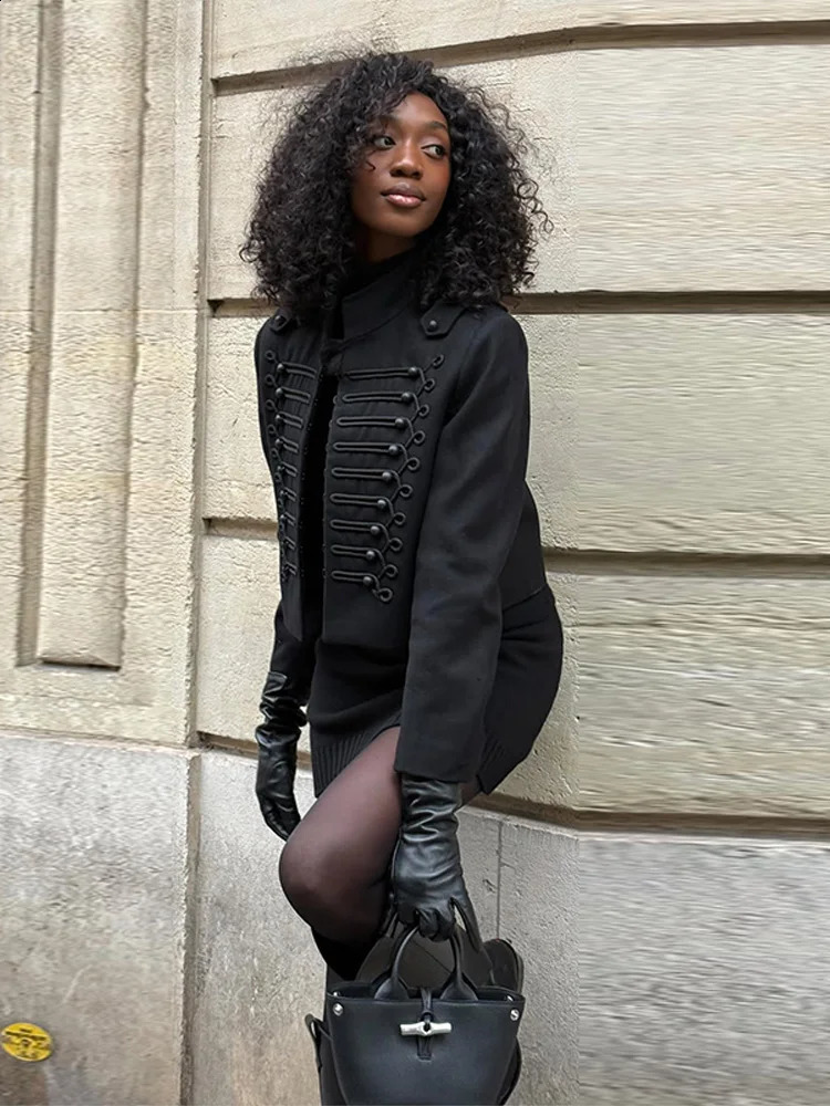 Womens Napoleon Style Black Cropped Jacket Coat Long Sleeve Tops Braided Button Trim Vintage Slim Fit Fashion Lady Outerwear 260122