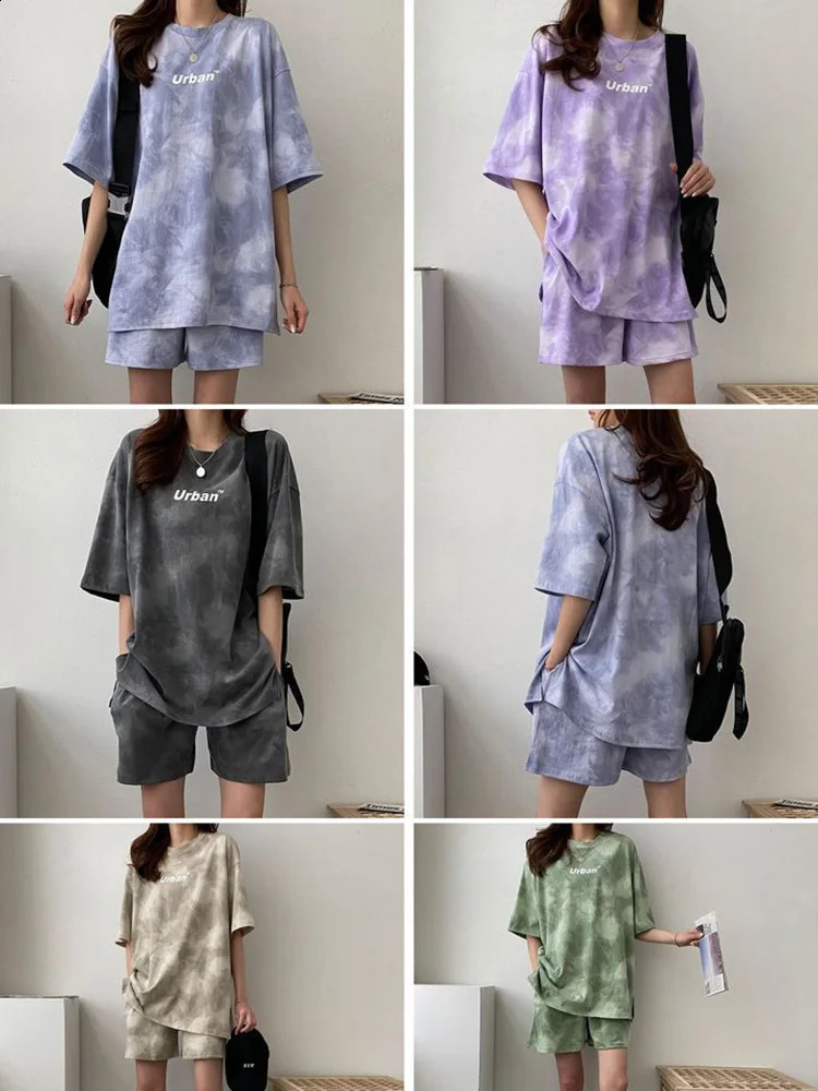 Women T-Shirt Shorts Suit Set Casual Tie Dye Loose tshirt and wide leg middle shorts with pockets female Soft Summer Shorts Sets 260209