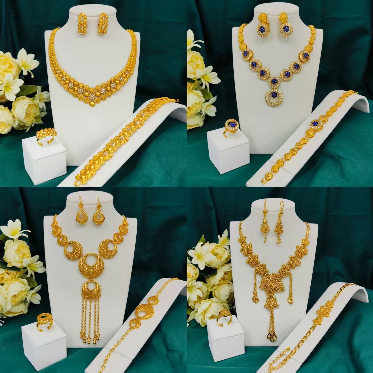 Nigeria Dubai 24K Gold Jewelry Set Bridal Necklace Bracelet Earrings Ring Four Piece Set Collection 201222