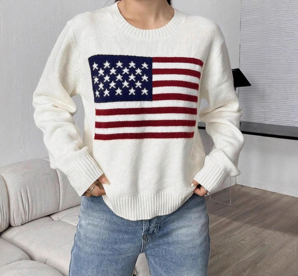 Winter Knitted Womens Sweater Slim Fit US Flag Letter Sweater Warm Street Personalized Casual Y2k Harajuku Pullover 240604
