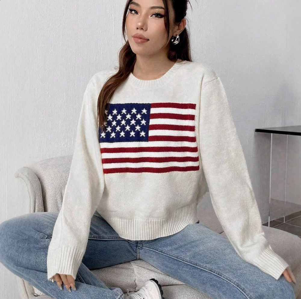 Winter Knitted Womens Sweater Slim Fit US Flag Letter Sweater Warm Street Personalized Casual Y2k Harajuku Pullover 240604