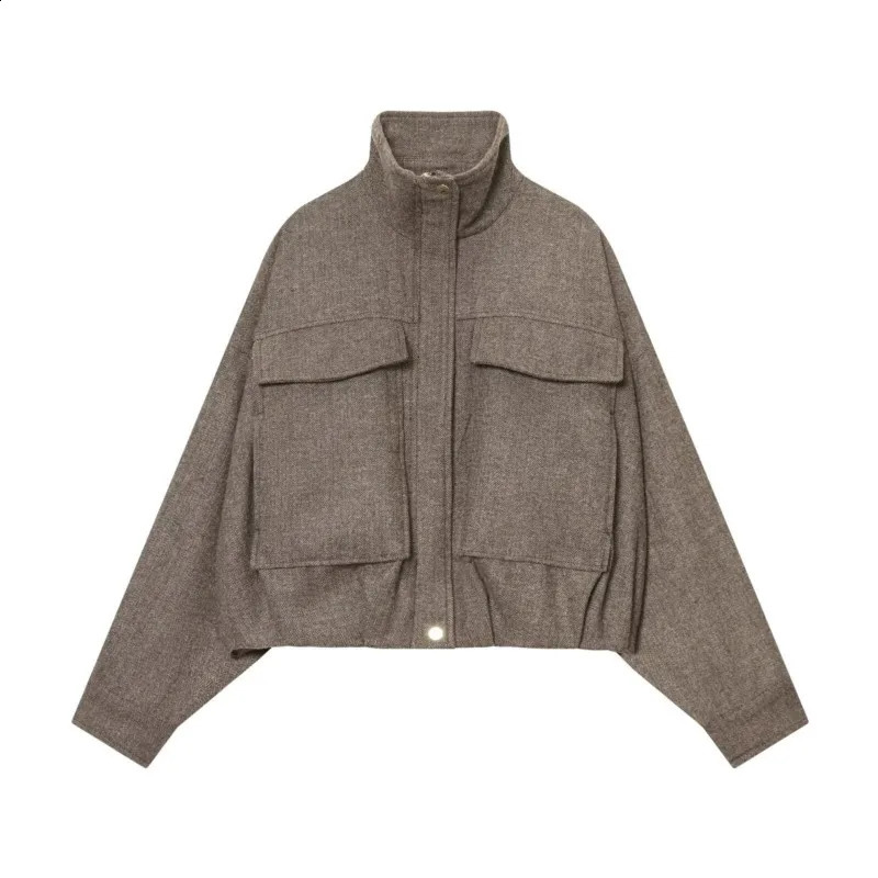 HipSeam Women Herringbone Balloon Jakcet Autumn Simple High Neck Zipper Pocket Pleated Hem Lady Coats Chic Female Tops 260126
