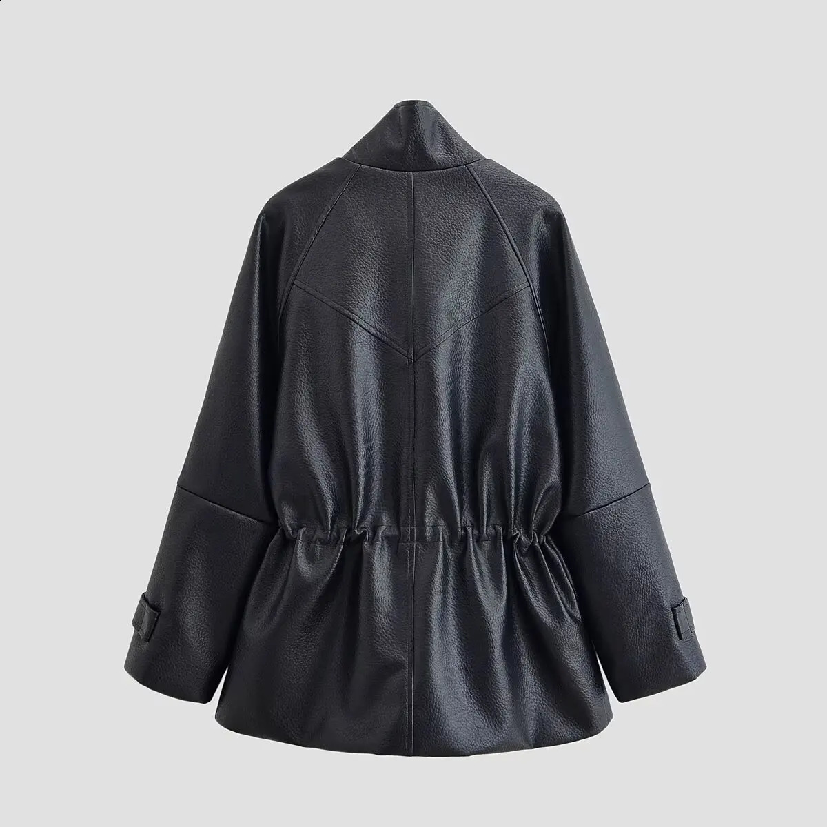 Street Black Leather Women Jacket Stand Collar Long Sleeve Zipper Waist Closed Pockets Female Coat 2026 Fashion Lady Outwear 260209