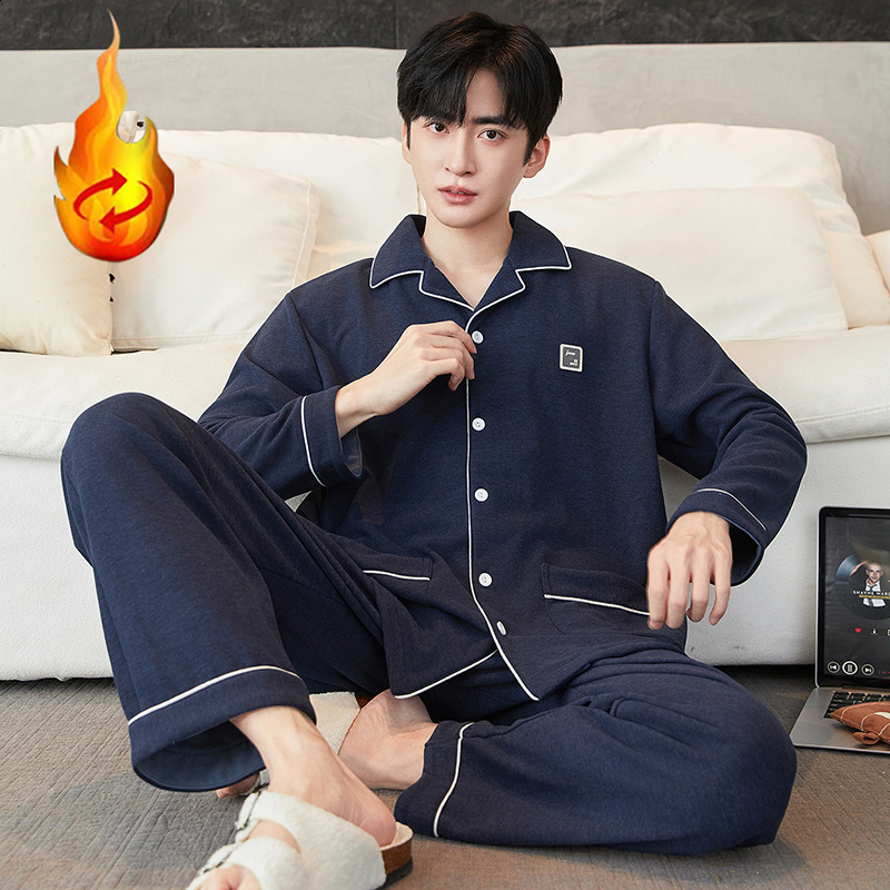 Mens long-sleeved pajamas winter cartoon large size casual warm turn-down collar cardigan thermal home wear can be worn outside set 250103