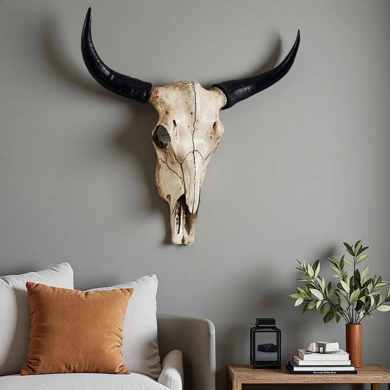 Vintage Resin Statue Cow Horn Skull Art Crafts Ornament Hang to Wall Bull Animal Head Sculpture Hanging Home Office Decor 260122 - view 6