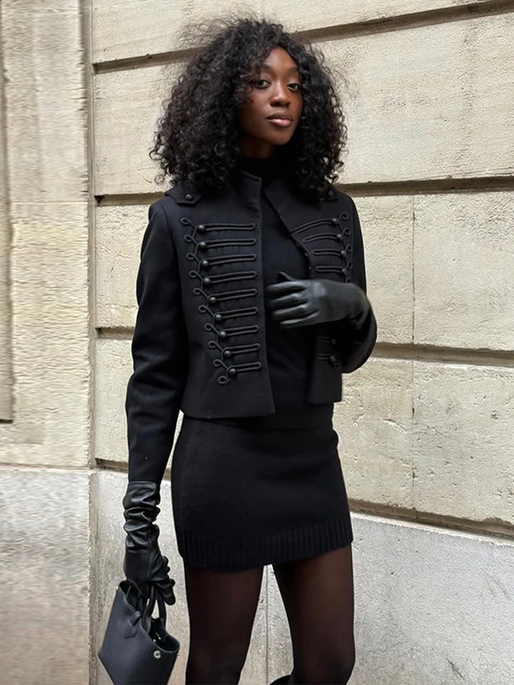 Womens Napoleon Style Black Cropped Jacket Coat Long Sleeve Tops Braided Button Trim Vintage Slim Fit Fashion Lady Outerwear 260122