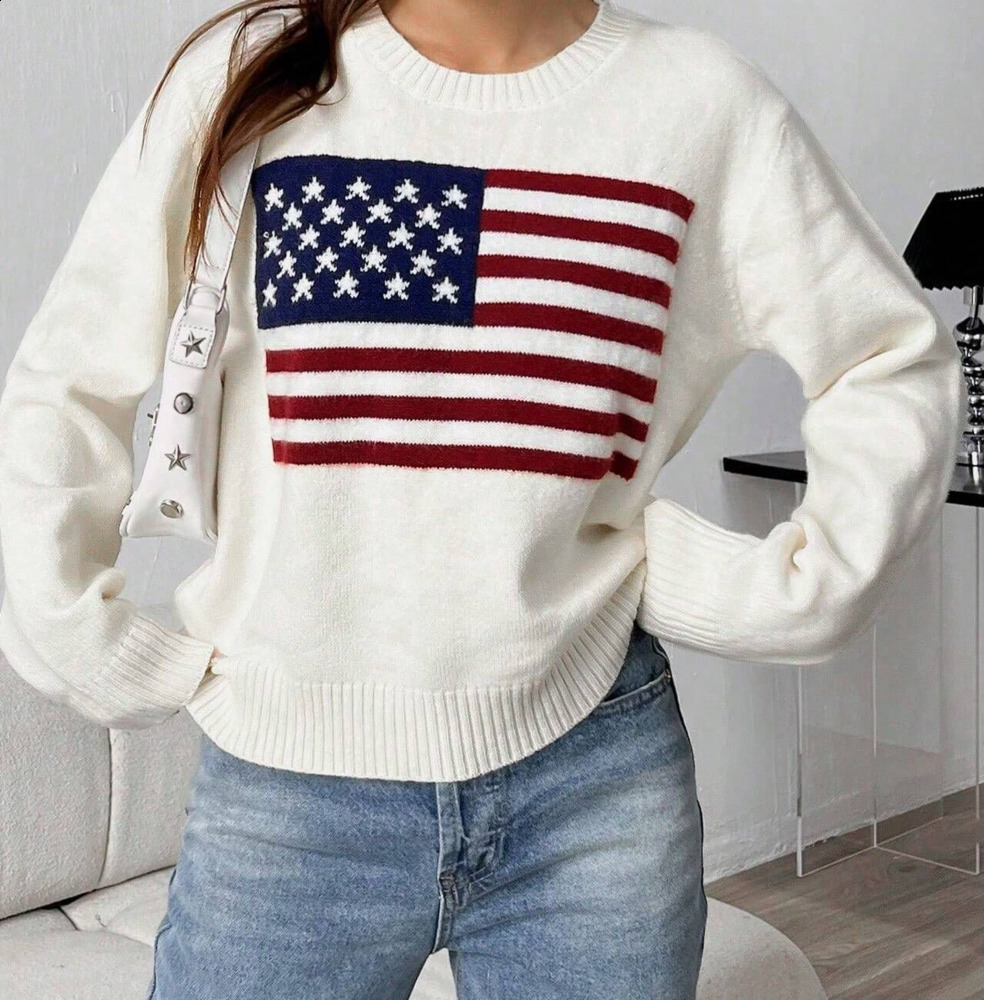 Winter Knitted Womens Sweater Slim Fit US Flag Letter Sweater Warm Street Personalized Casual Y2k Harajuku Pullover 240604
