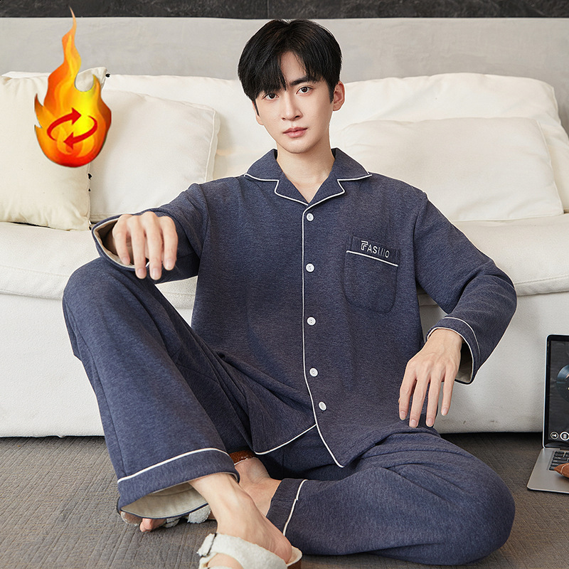 Mens long-sleeved pajamas winter cartoon large size casual warm turn-down collar cardigan thermal home wear can be worn outside set 250103