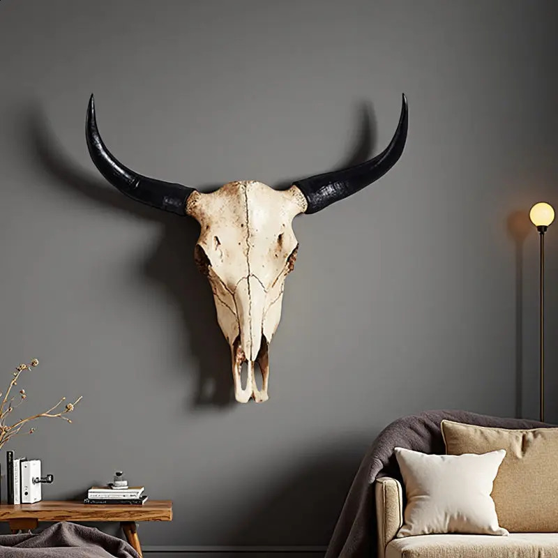 Vintage Resin Statue Cow Horn Skull Art Crafts Ornament Hang to Wall Bull Animal Head Sculpture Hanging Home Office Decor 260122 - view 4