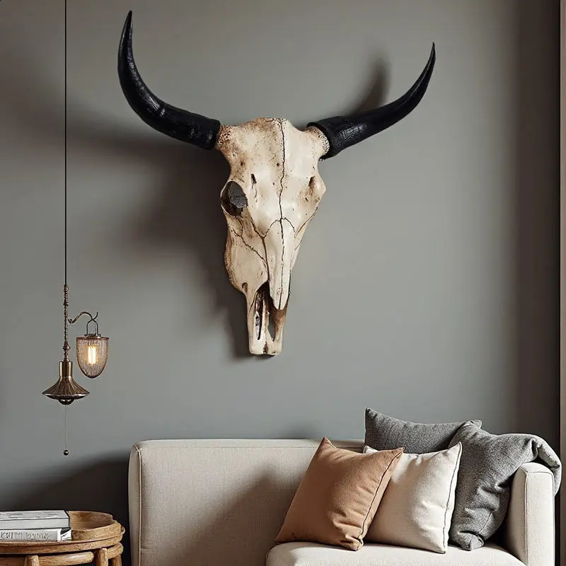 Vintage Resin Statue Cow Horn Skull Art Crafts Ornament Hang to Wall Bull Animal Head Sculpture Hanging Home Office Decor 260122
