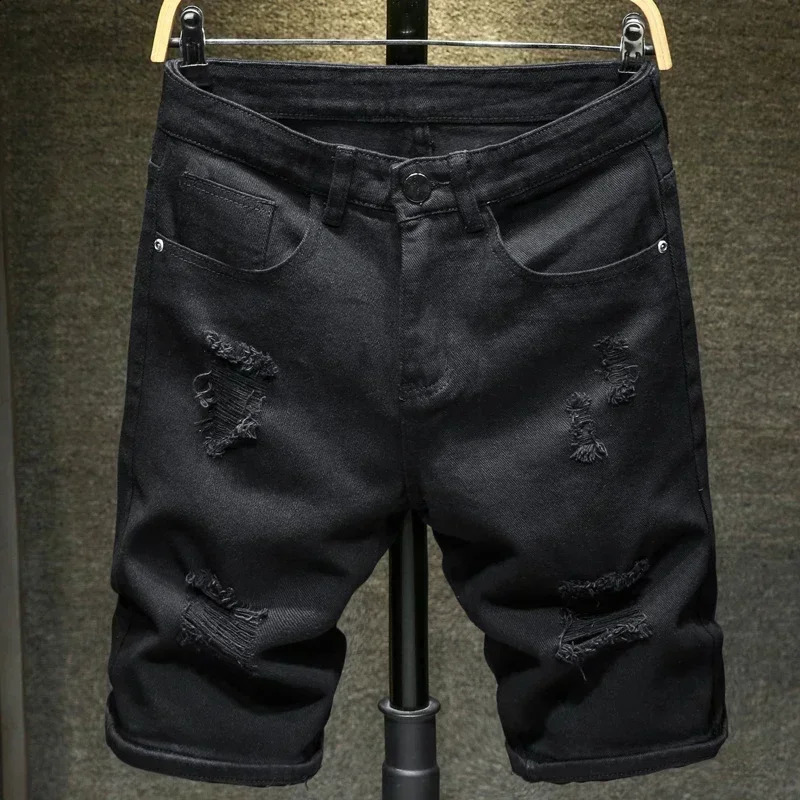 Streetwear Ripped White Denim Shorts Men Fashion Knee Length Jeans Simple Casual Slim Hole Short Pants Male 260206