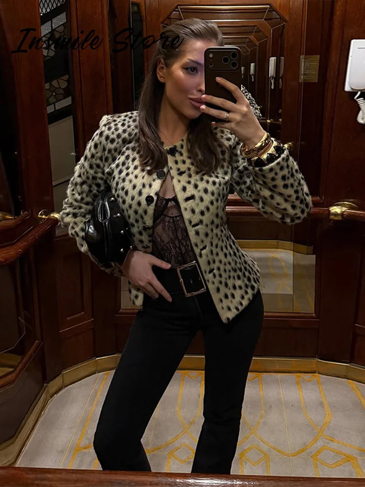 Fashion Leopard Print Cropped Jacket Women Slim Fit O-neck Full Sleeve Single Breasted Coat 2026 Spring Lady Vintage Outwear 260209 - view 7